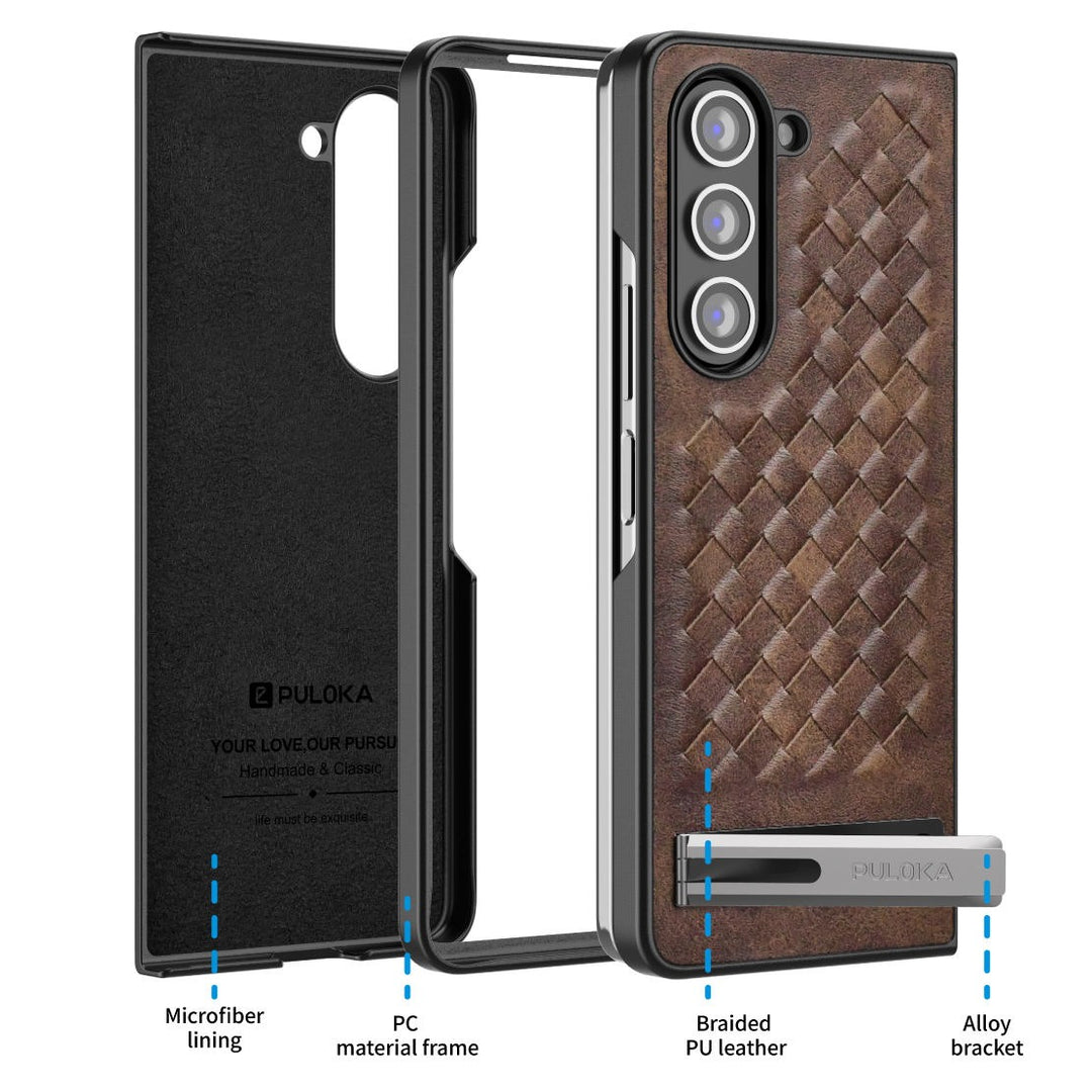 Samsung Galaxy Z Fold 5 PU Weave Leather with Metal Kickstand Slim Back Cover