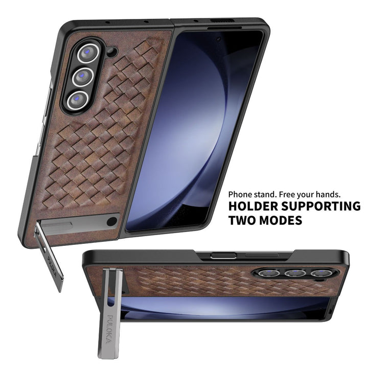 Samsung Galaxy Z Fold 5 PU Weave Leather with Metal Kickstand Slim Back Cover