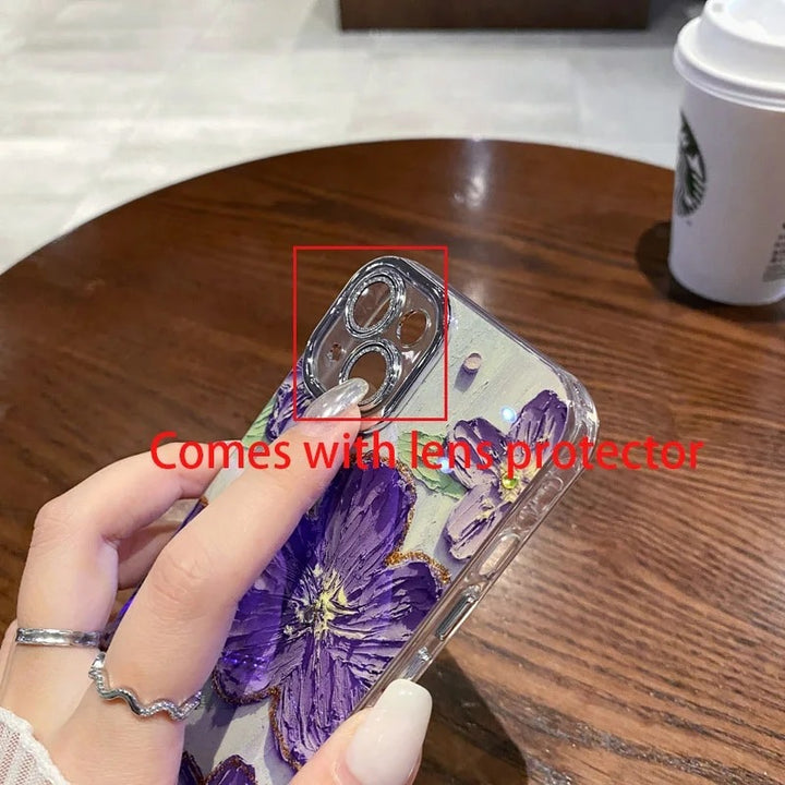 iPhone Luxury 3D Oil Painting Floral Design With Glitter Lens Protection Case Cover(Purple)