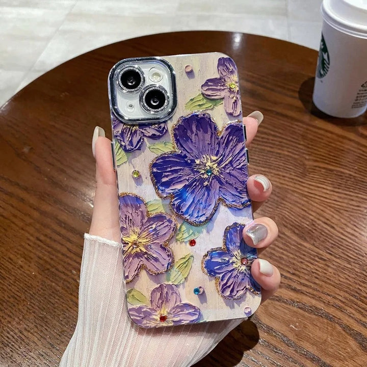 iPhone Luxury 3D Oil Painting Floral Design With Glitter Lens Protection Case Cover(Purple)