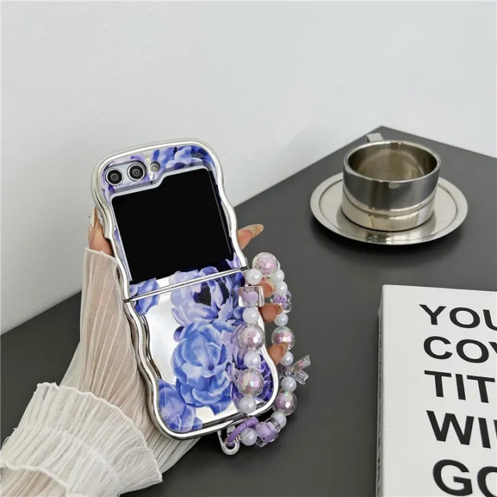 Samsung Galaxy Z Flip 5 Flower Design Curly Wave Frame Plated Case Cover with Crystal Pearl Chain