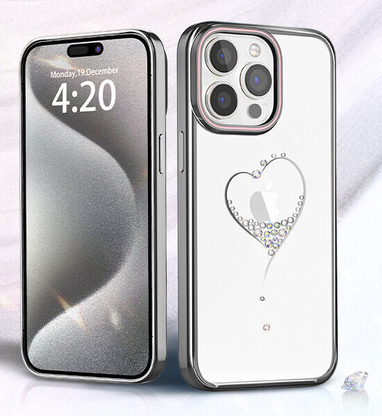 iPhone 15 Series Heart Rhinestone Diamond Plated Hard Clear PC Back Cover