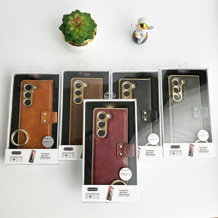Samsung Galaxy Z Fold 5 PU Leather Chromeplated Ring Case Screen Protector Cover