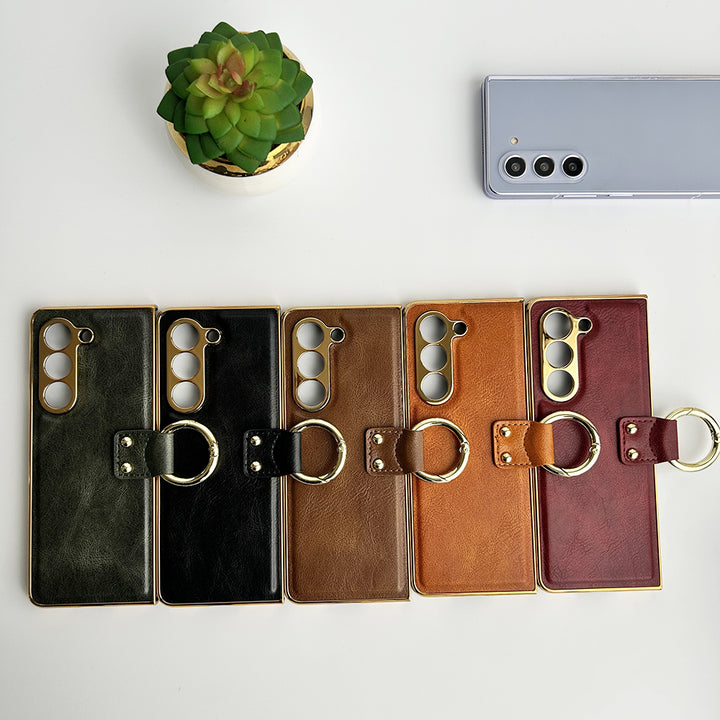 Samsung Galaxy Z Fold 5 PU Leather Chromeplated Ring Case Screen Protector Cover