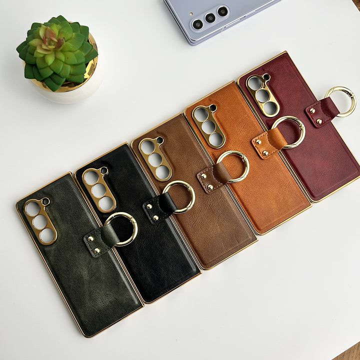 Samsung Galaxy Z Fold 5 PU Leather Chromeplated Ring Case Screen Protector Cover