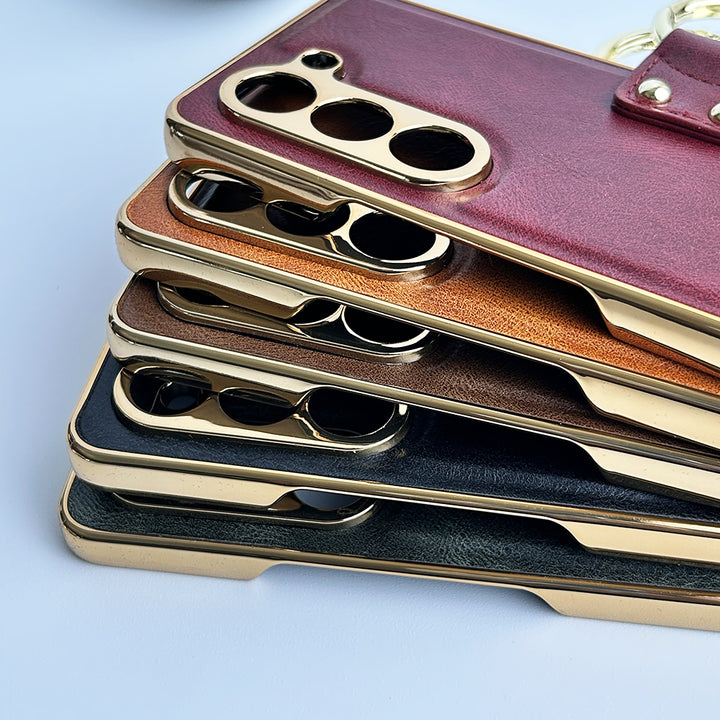 Samsung Galaxy Z Fold 5 PU Leather Chromeplated Ring Case Screen Protector Cover
