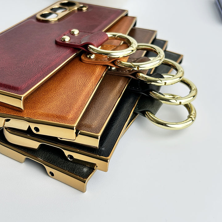 Samsung Galaxy Z Fold 5 PU Leather Chromeplated Ring Case Screen Protector Cover