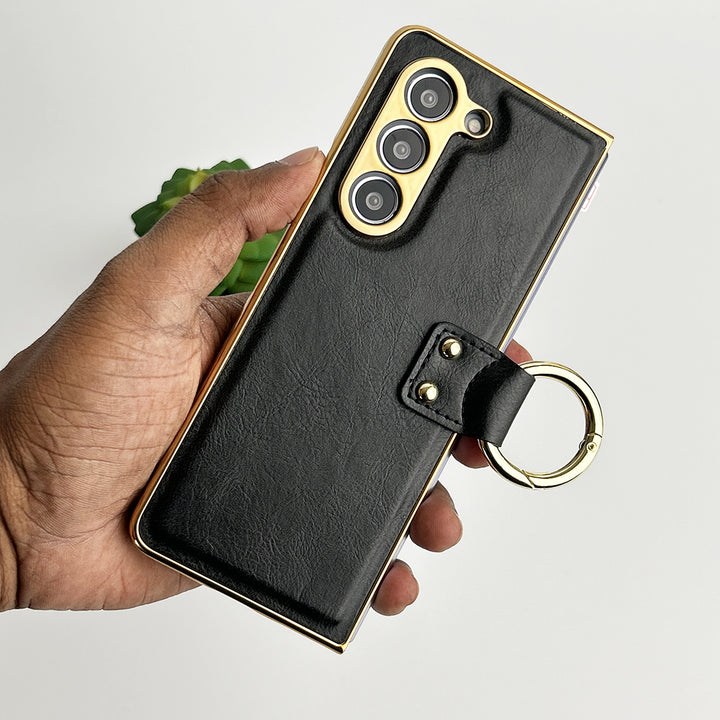 Samsung Galaxy Z Fold 5 PU Leather Chromeplated Ring Case Screen Protector Cover