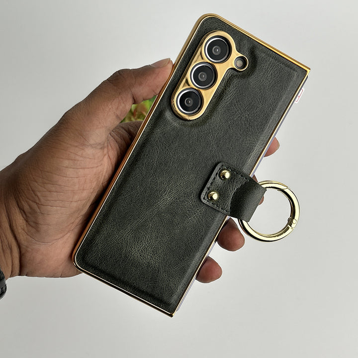 Samsung Galaxy Z Fold 5 PU Leather Chromeplated Ring Case Screen Protector Cover