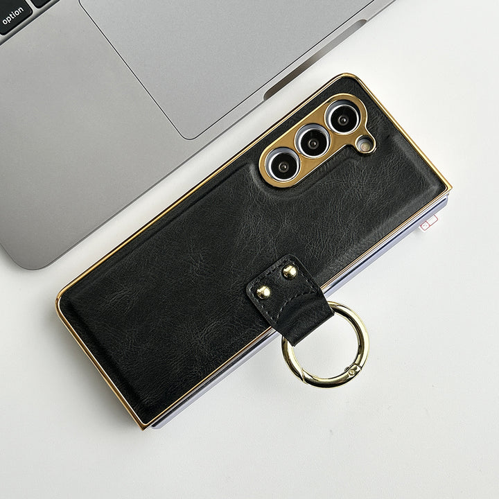 Samsung Galaxy Z Fold 5 PU Leather Chromeplated Ring Case Screen Protector Cover