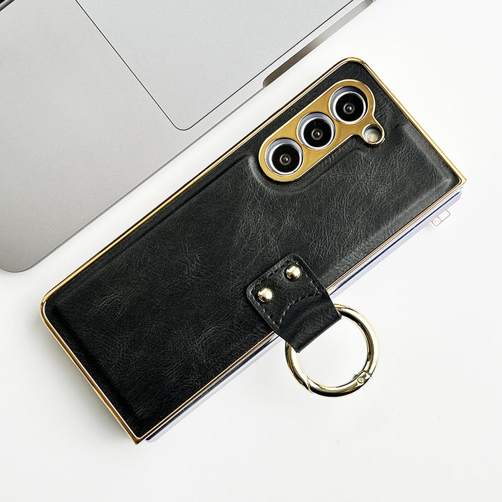 Samsung Galaxy Z Fold 5 PU Leather Chromeplated Ring Case Screen Protector Cover
