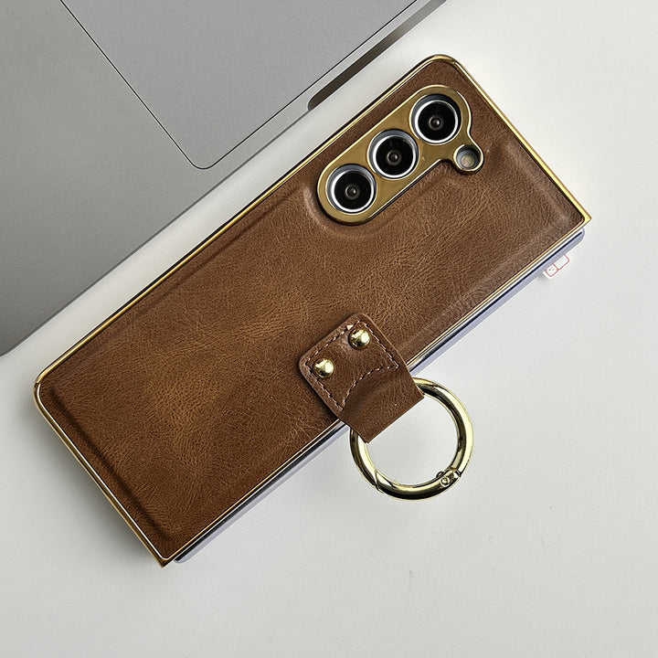 Samsung Galaxy Z Fold 5 PU Leather Chromeplated Ring Case Screen Protector Cover