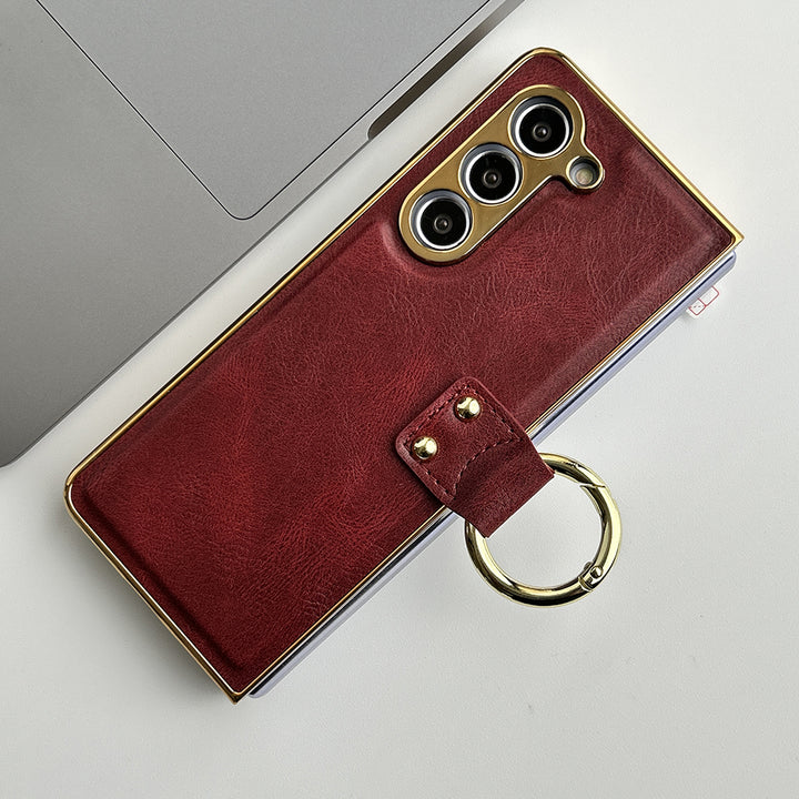 Samsung Galaxy Z Fold 5 PU Leather Chromeplated Ring Case Screen Protector Cover