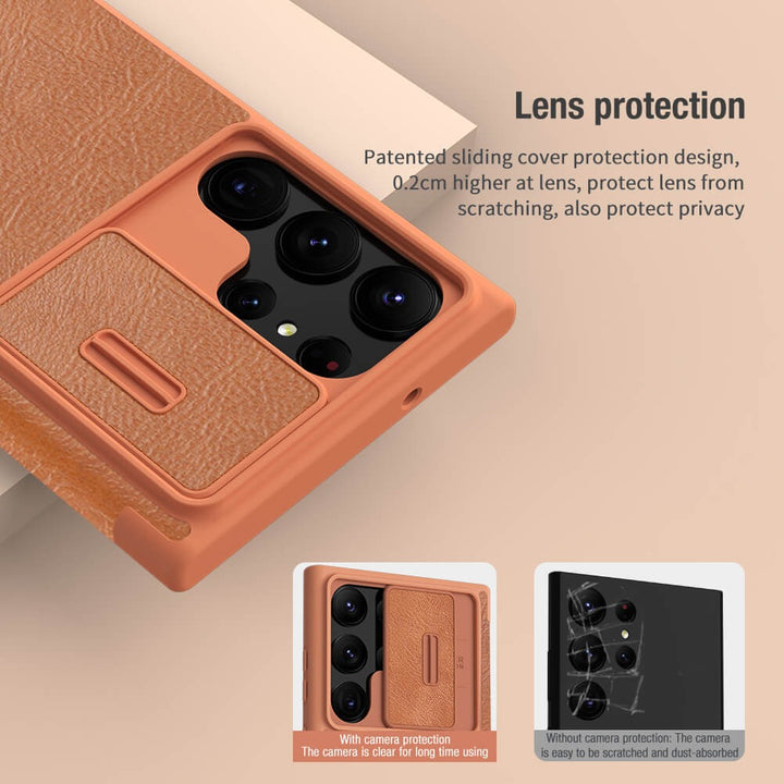 Samsung Galaxy S23 Ultra Camera Protection QIN Leather Flip Case Brown