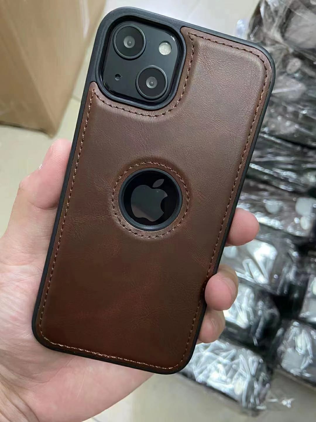 iPhone Luxury Leather Logo Cut Back Cover