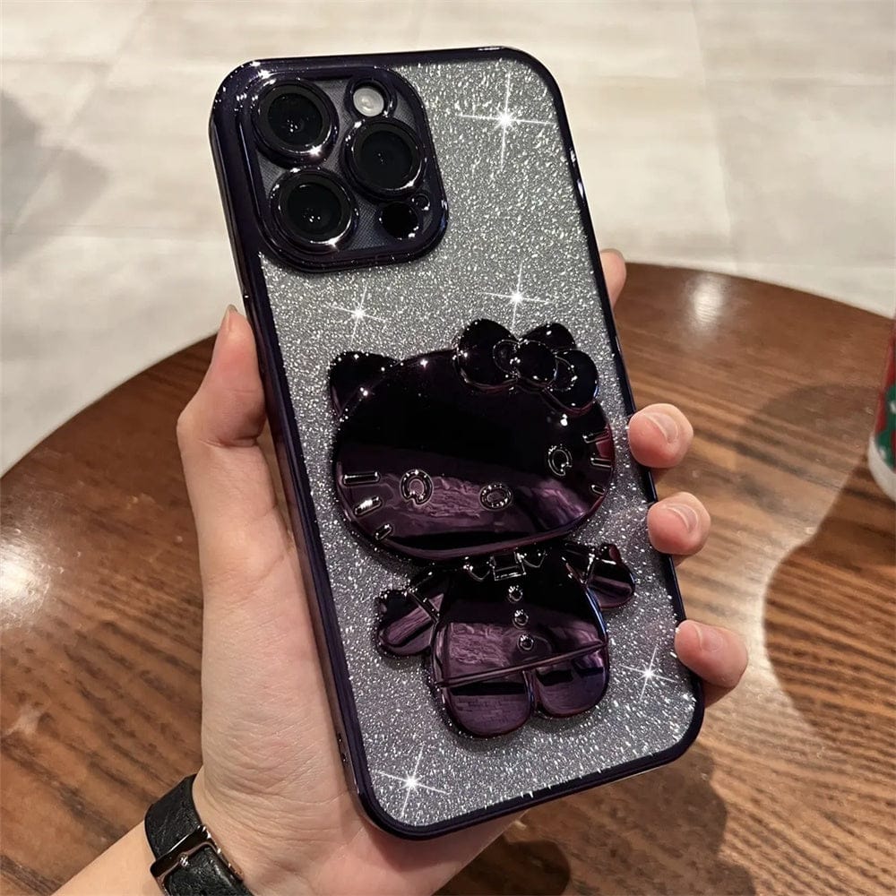 FRATO iPhone Trending iPhone 14 Pro max / With Shimmer iPhone Cartoon Kitty Glitter Camera Protection Case Cover ( Purple )