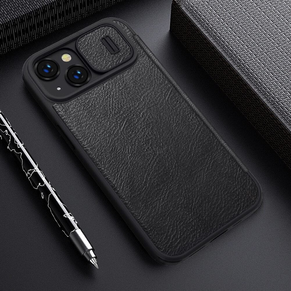 FRATO luxury Case iPhone 14 Camera Protection QIN Leather Flip Case Black