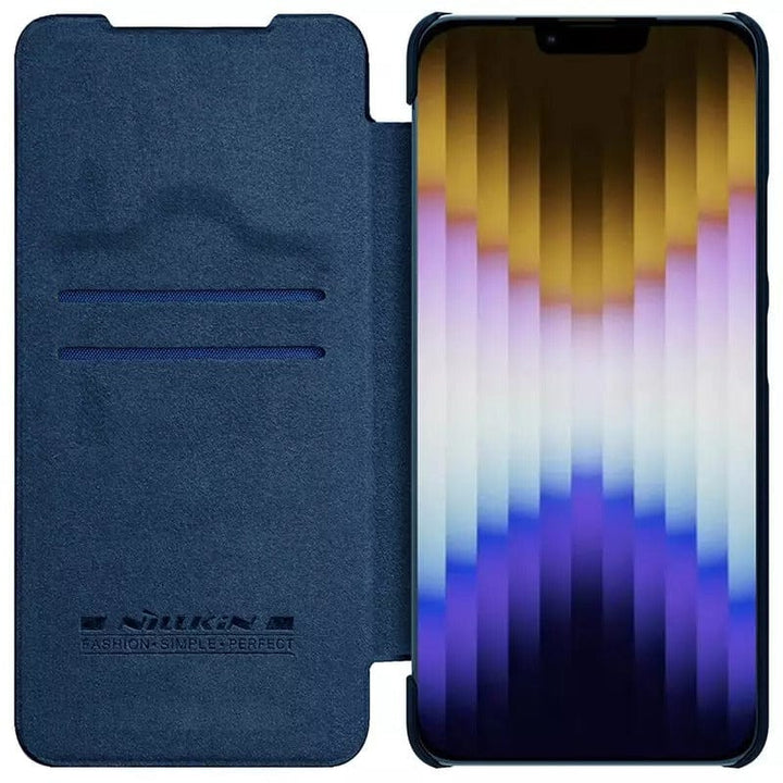 FRATO luxury Case iPhone 14 Camera Protection QIN Leather Flip Case Blue