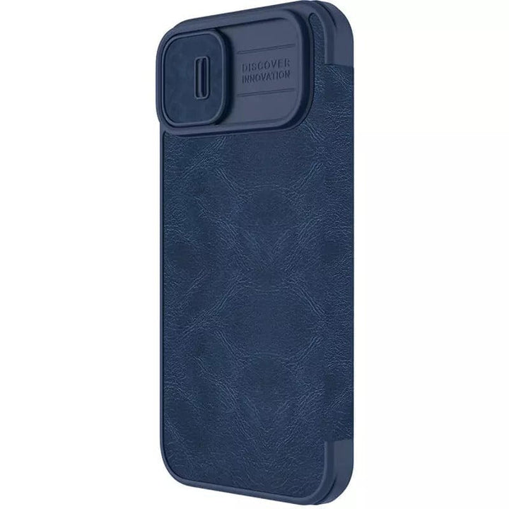 FRATO luxury Case iPhone 14 Camera Protection QIN Leather Flip Case Blue