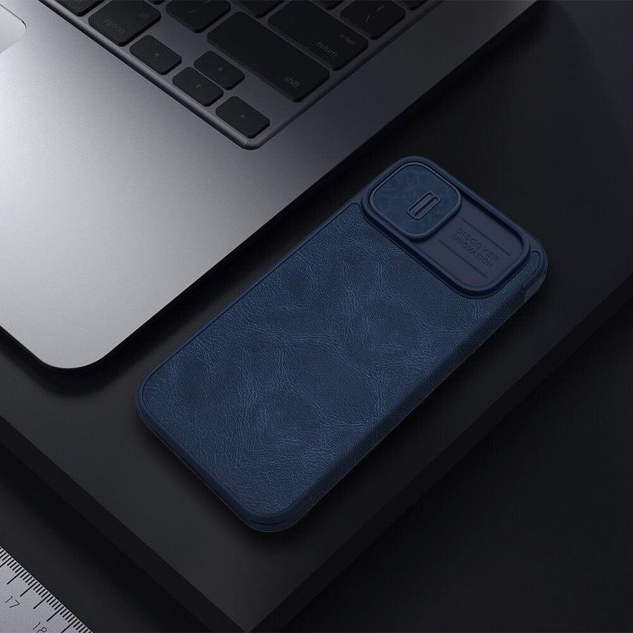 FRATO luxury Case iPhone 14 Camera Protection QIN Leather Flip Case Blue