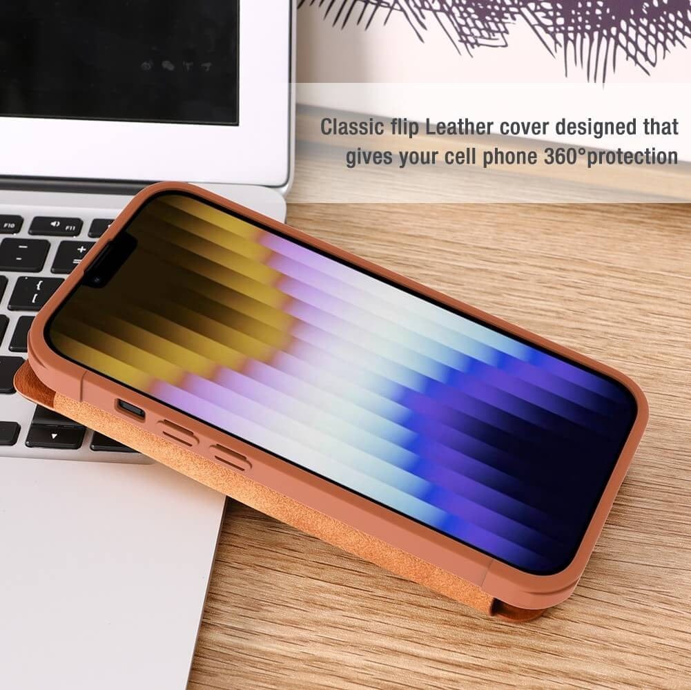 FRATO luxury Case iPhone 14 Camera Protection QIN Leather Flip Case Brown