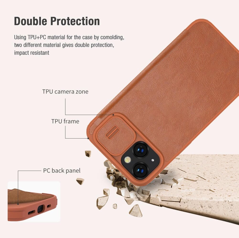 FRATO luxury Case iPhone 14 Camera Protection QIN Leather Flip Case Brown
