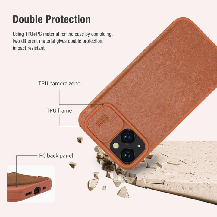 FRATO luxury Case iPhone 14 Camera Protection QIN Leather Flip Case Brown