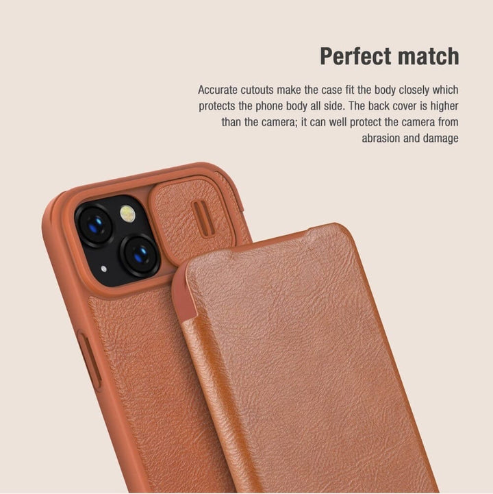 FRATO luxury Case iPhone 14 Camera Protection QIN Leather Flip Case Brown