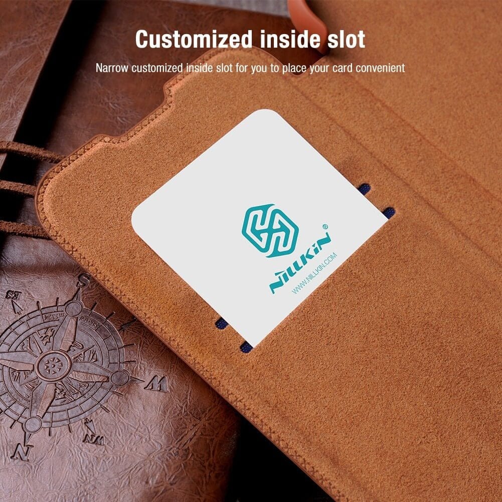 FRATO luxury Case iPhone 14 Camera Protection QIN Leather Flip Case Brown