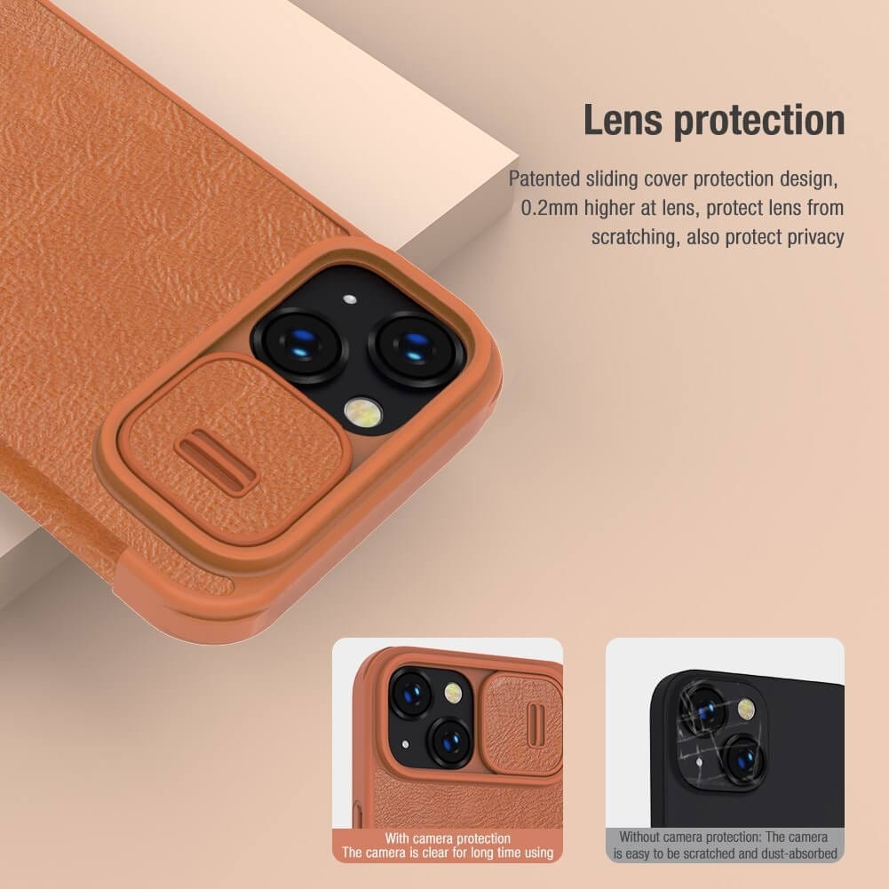 FRATO luxury Case iPhone 14 Camera Protection QIN Leather Flip Case Brown