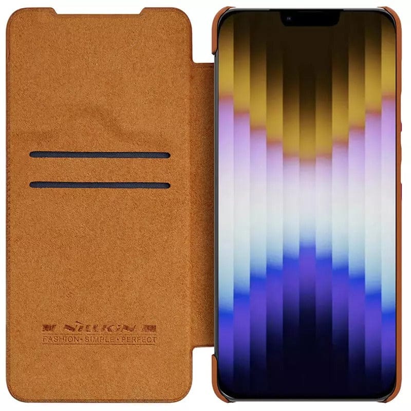 FRATO luxury Case iPhone 14 Camera Protection QIN Leather Flip Case Brown