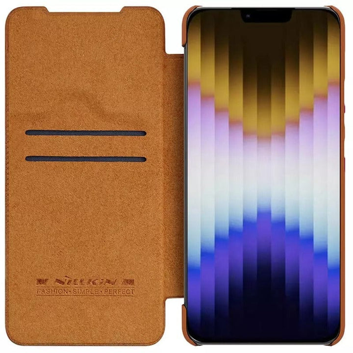 FRATO luxury Case iPhone 14 Camera Protection QIN Leather Flip Case Brown