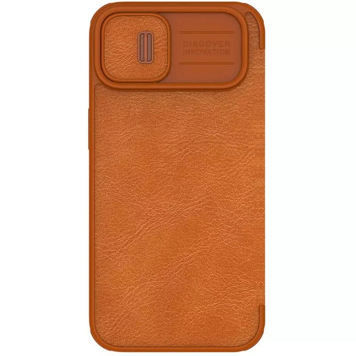 FRATO luxury Case iPhone 14 Camera Protection QIN Leather Flip Case Brown