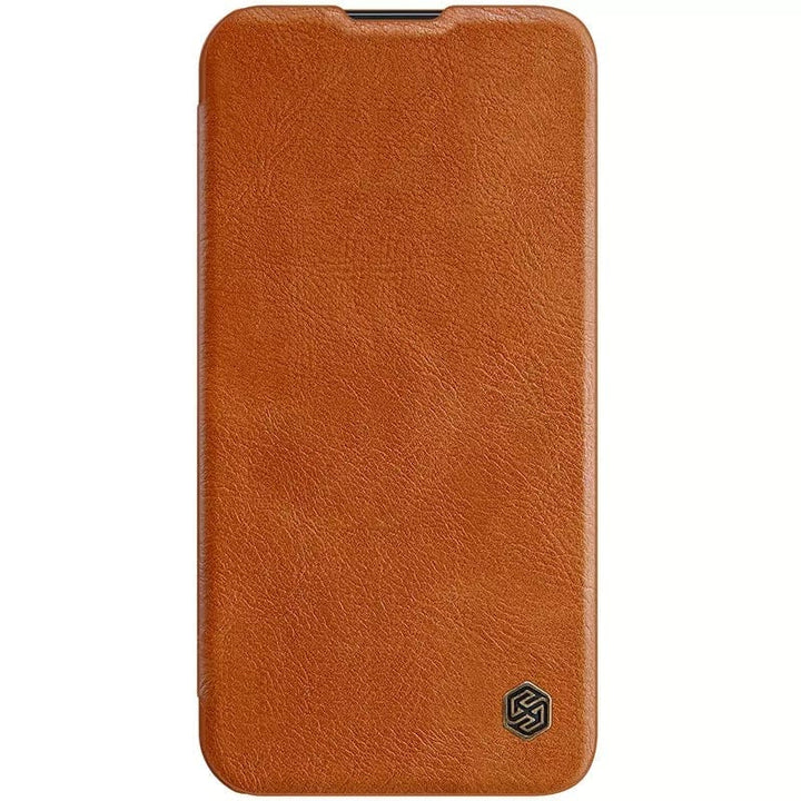 FRATO luxury Case iPhone 14 Camera Protection QIN Leather Flip Case Brown