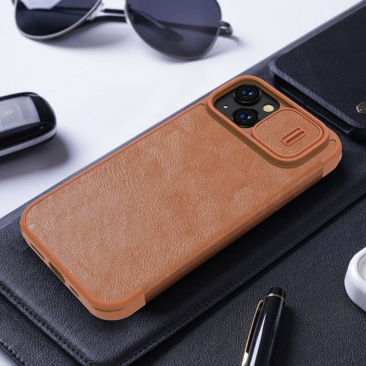 FRATO luxury Case iPhone 14 Camera Protection QIN Leather Flip Case Brown