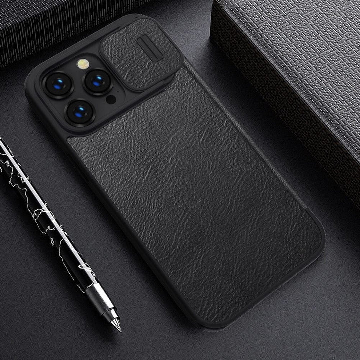 FRATO luxury Case iPhone 14 Pro Camera Protection QIN Leather Flip Case Black