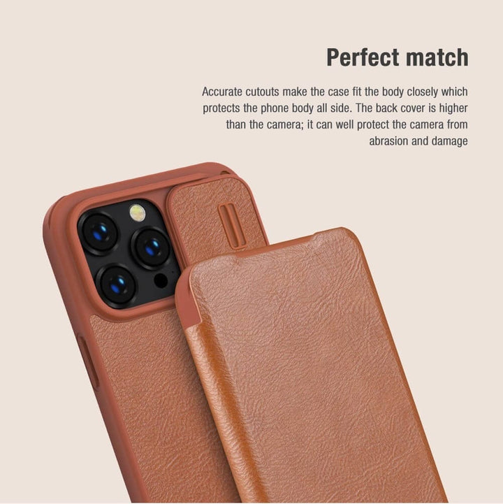 FRATO luxury Case iPhone 14 Pro Camera Protection QIN Leather Flip Case Brown