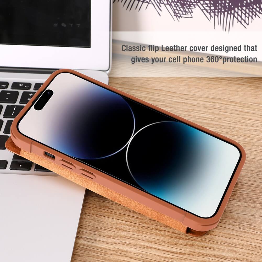 FRATO luxury Case iPhone 14 Pro Max Camera Protection QIN Leather Flip Case Brown