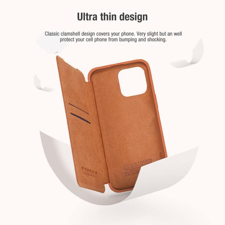 FRATO luxury Case iPhone 14 Pro Max Camera Protection QIN Leather Flip Case Brown