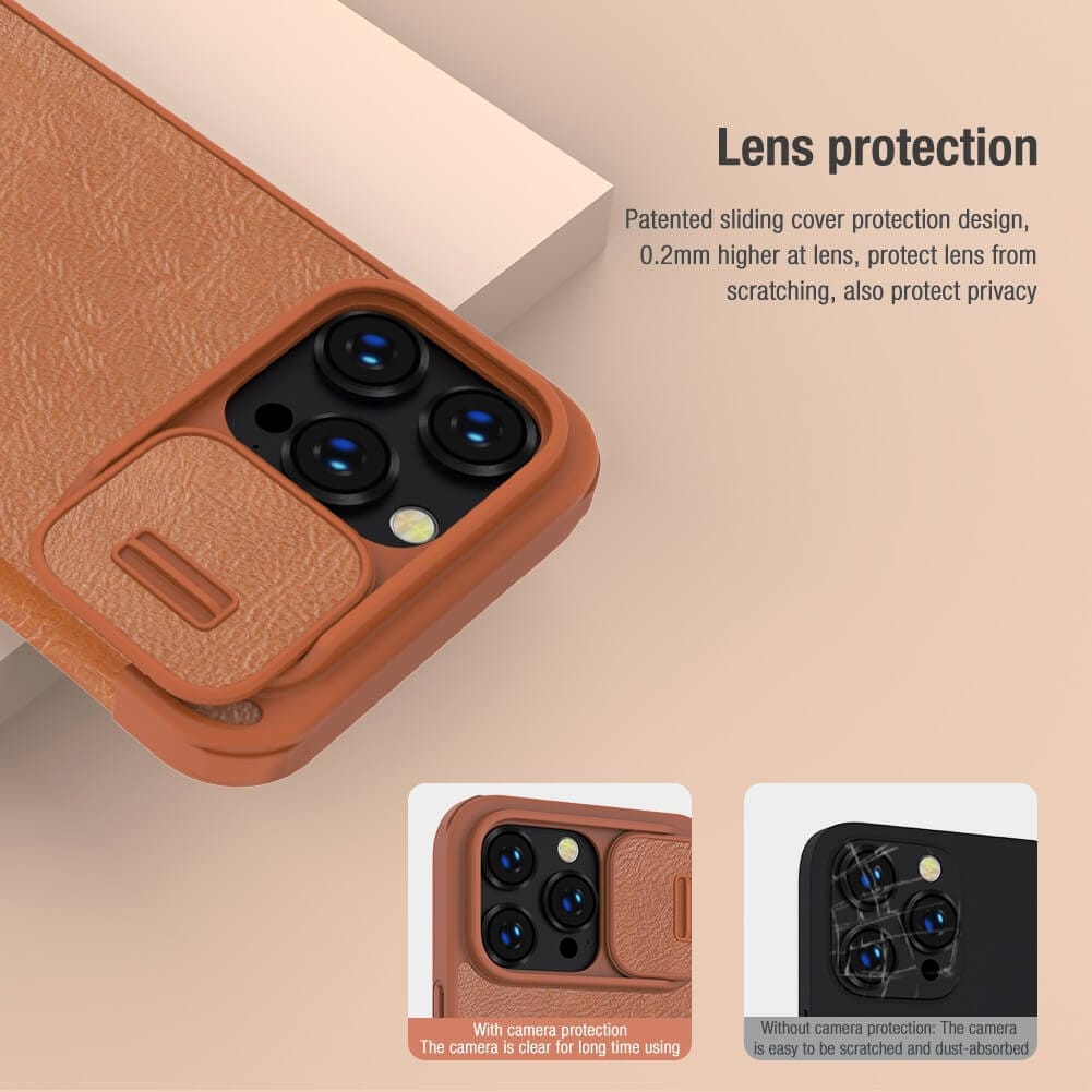 FRATO luxury Case iPhone 14 Pro Max Camera Protection QIN Leather Flip Case Brown