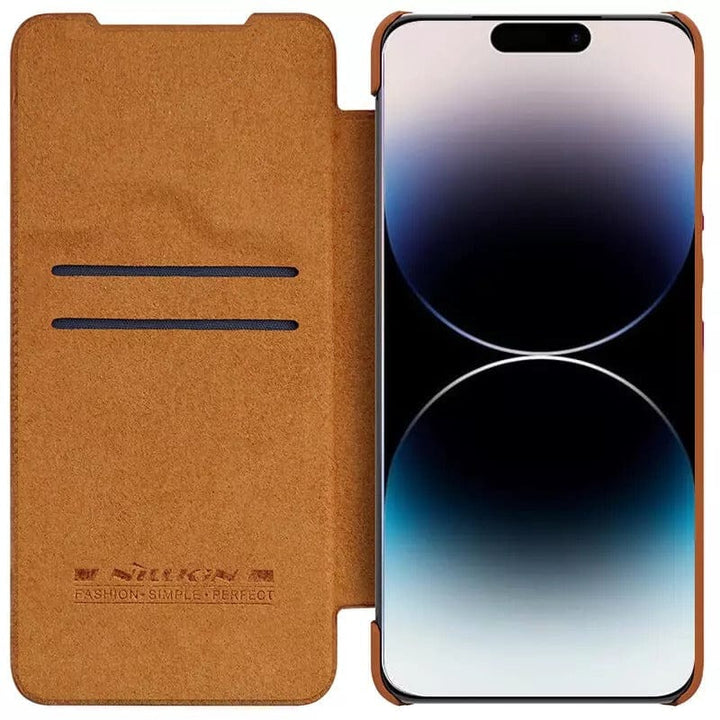 FRATO luxury Case iPhone 14 Pro Max Camera Protection QIN Leather Flip Case Brown