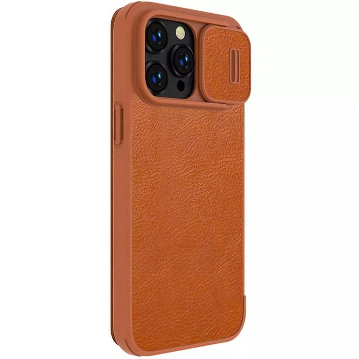 FRATO luxury Case iPhone 14 Pro Max Camera Protection QIN Leather Flip Case Brown
