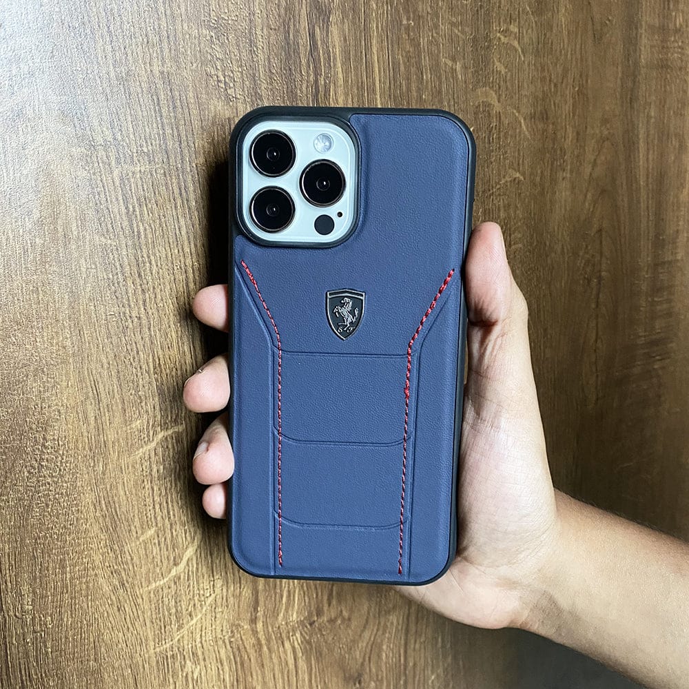 FRATO luxury Case iPhone 14 Pro Max iPhone Ferrari Sports Car Logo Side Stitch Leather Cover Blue