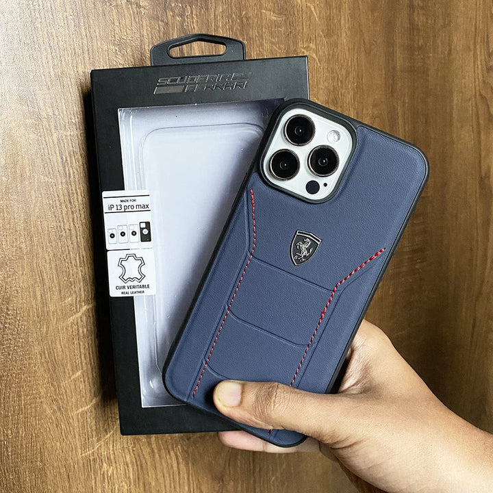 FRATO luxury Case iPhone Ferrari Sports Car Logo Side Stitch Leather Cover Blue