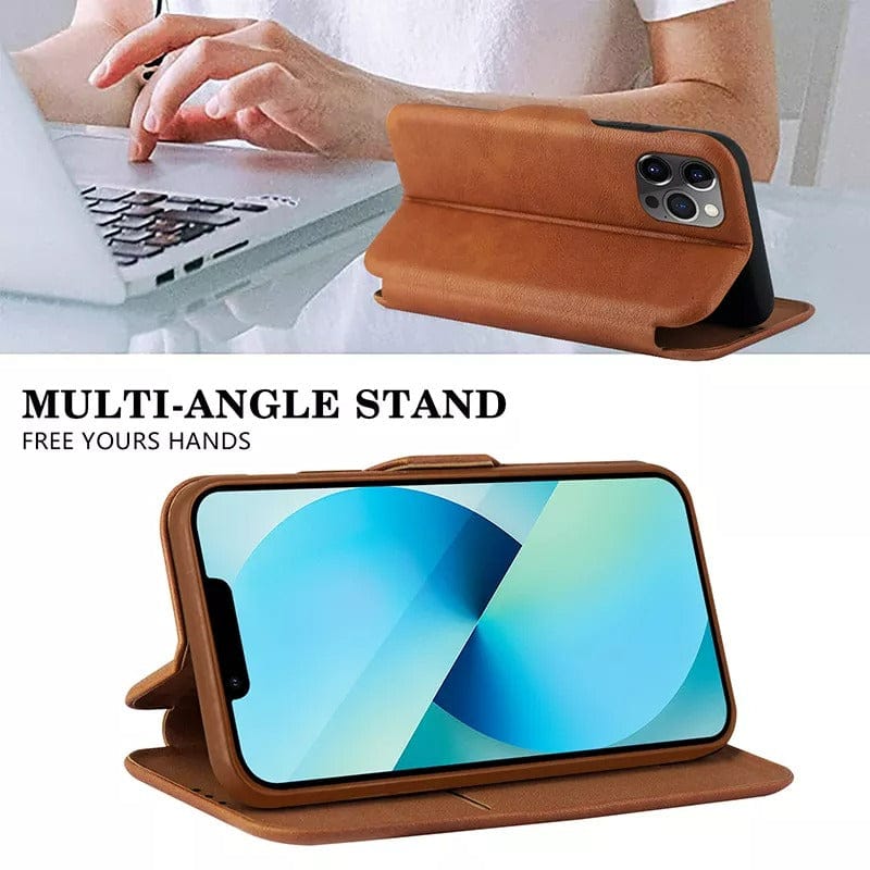 FRATO luxury Case Shell Style Leather iPhone flip Cover With Card Holder Brown