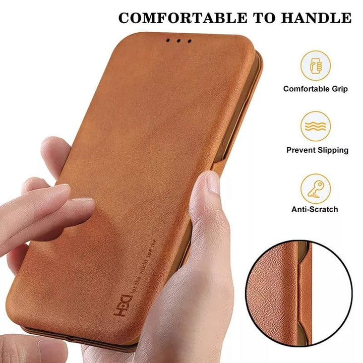 FRATO luxury Case Shell Style Leather iPhone flip Cover With Card Holder Brown