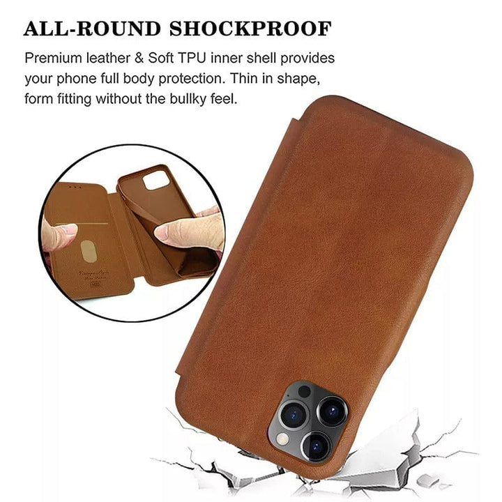 FRATO luxury Case Shell Style Leather iPhone flip Cover With Card Holder Brown