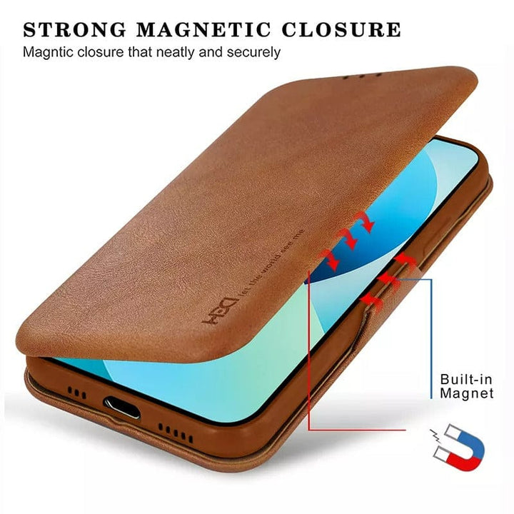 FRATO luxury Case Shell Style Leather iPhone flip Cover With Card Holder Brown