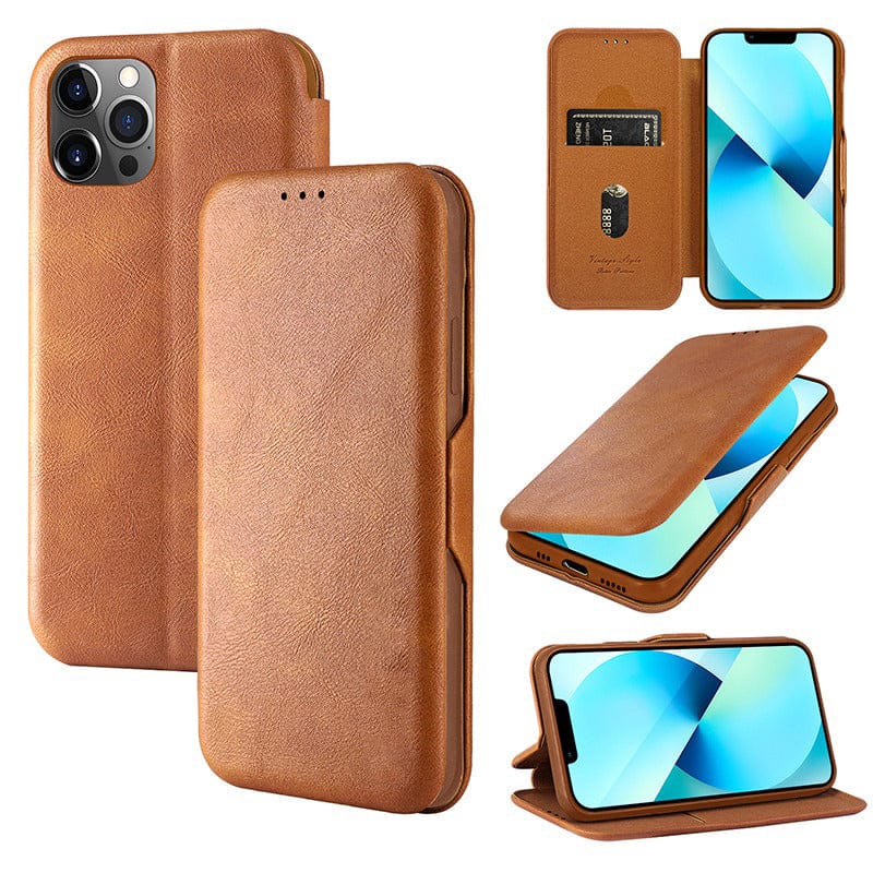 FRATO luxury Case Shell Style Leather iPhone flip Cover With Card Holder Brown