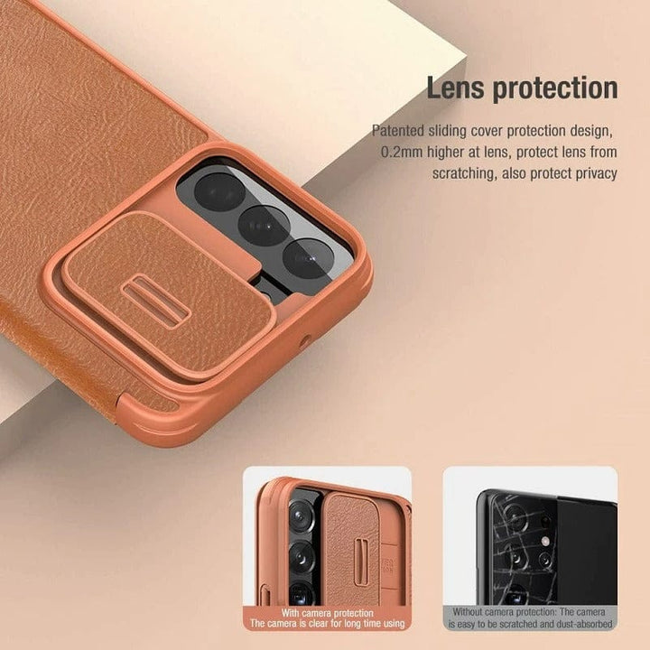 FRATO No Advertising Galaxy S22 Series Camera Protection QIN Leather Flip Case